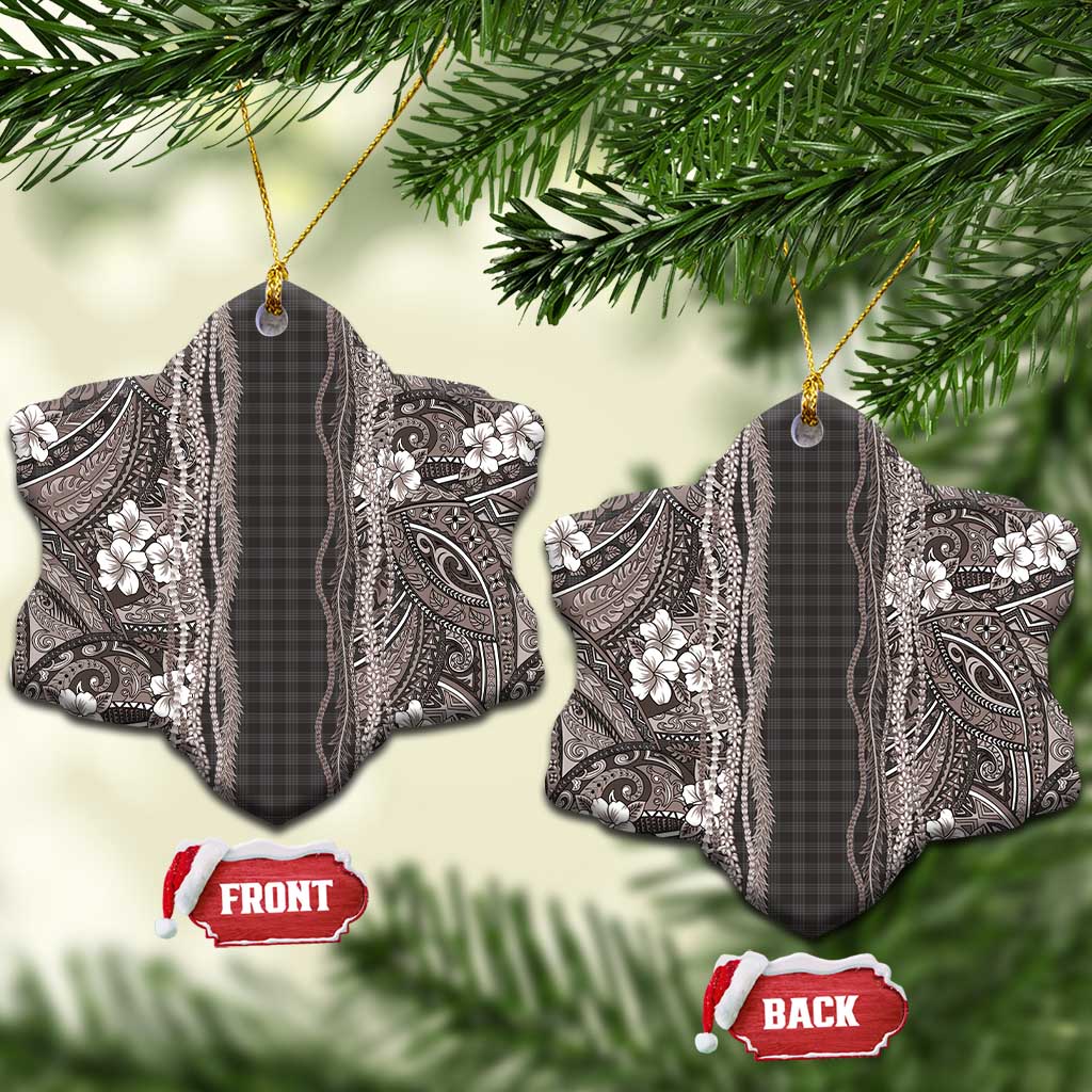 Hawaiian Art Flower Tribal with Lei Ceramic Ornament Palaka Pattern Grayscale - Polynesian Pride