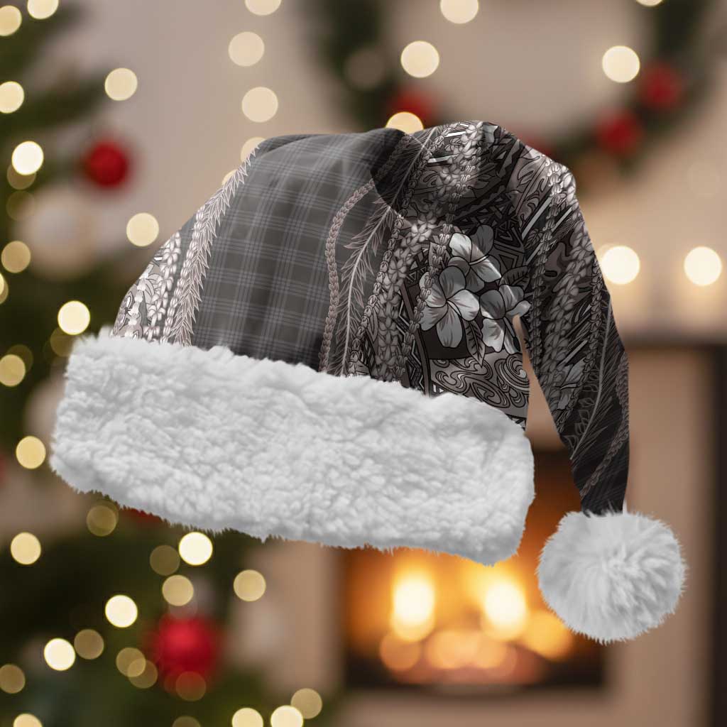 Hawaiian Art Flower Tribal with Lei Christmas Santa Hat Palaka Pattern Grayscale - Polynesian Pride