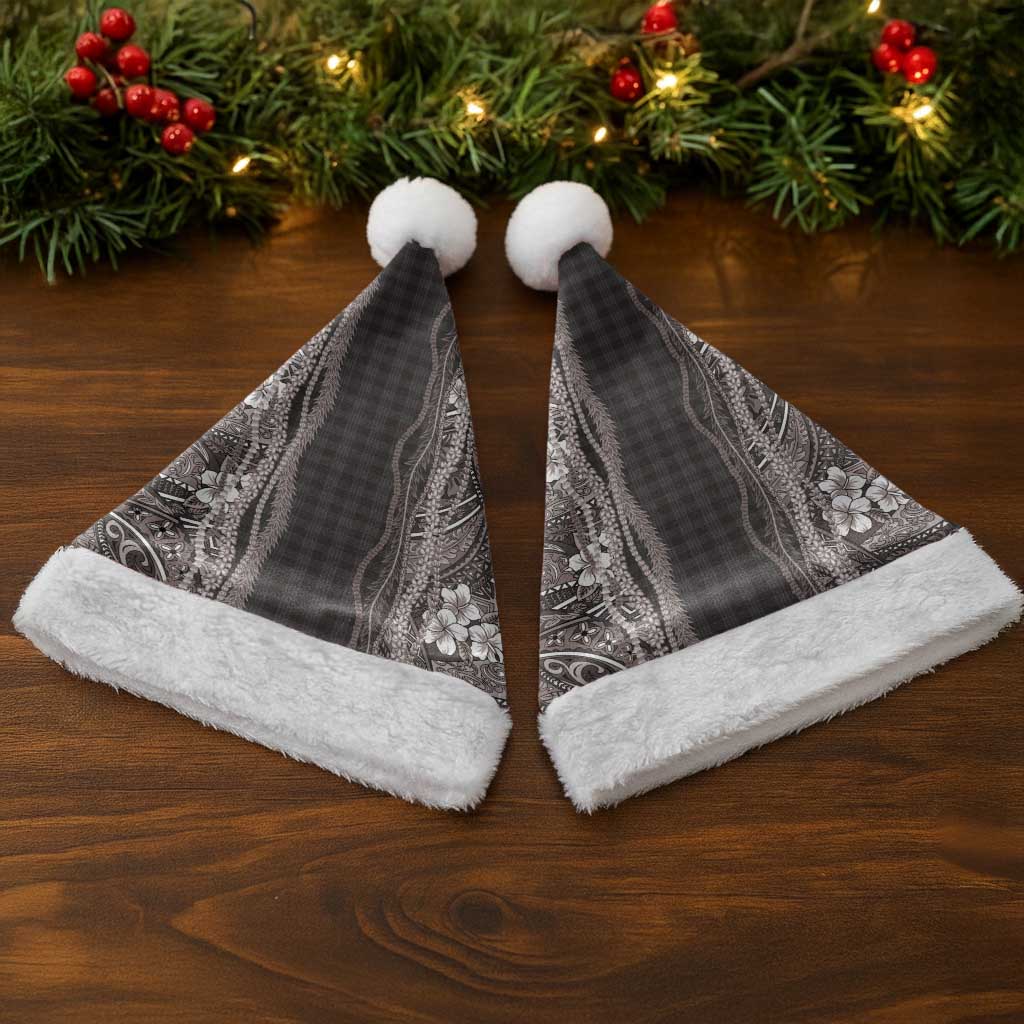 Hawaiian Art Flower Tribal with Lei Christmas Santa Hat Palaka Pattern Grayscale - Polynesian Pride