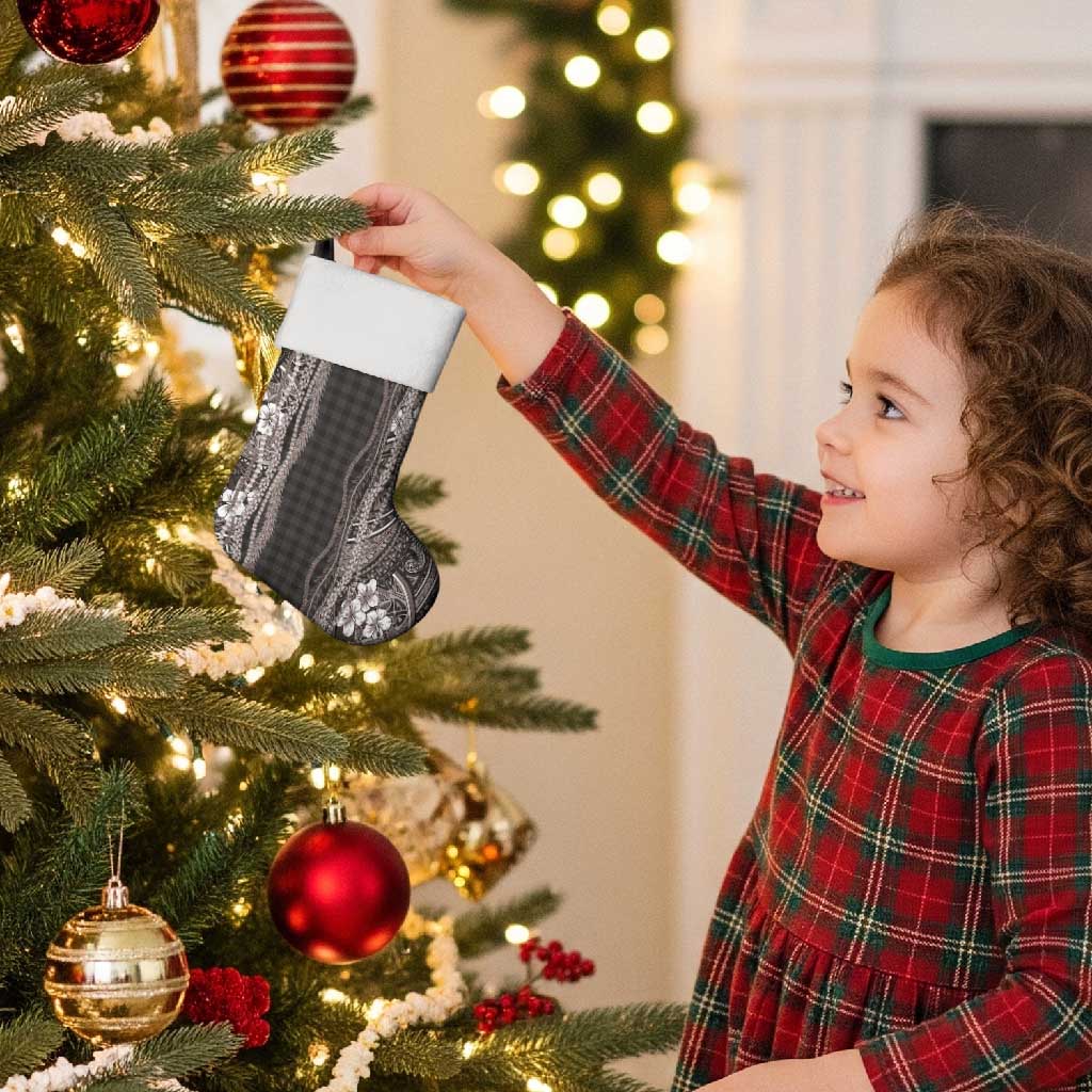 Hawaiian Art Flower Tribal with Lei Christmas Stocking Palaka Pattern Grayscale - Polynesian Pride