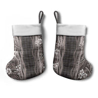 Hawaiian Art Flower Tribal with Lei Christmas Stocking Palaka Pattern Grayscale - Polynesian Pride