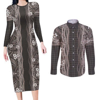Hawaiian Art Flower Tribal with Lei Couples Matching Long Sleeve Bodycon Dress and Long Sleeve Button Shirt Palaka Pattern Grayscale - Polynesian Pride