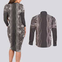 Hawaiian Art Flower Tribal with Lei Couples Matching Long Sleeve Bodycon Dress and Long Sleeve Button Shirt Palaka Pattern Grayscale - Polynesian Pride