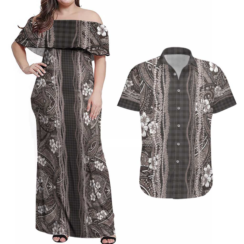 Hawaiian Art Flower Tribal with Lei Couples Matching Off Shoulder Maxi Dress and Hawaiian Shirt Palaka Pattern Grayscale - Polynesian Pride