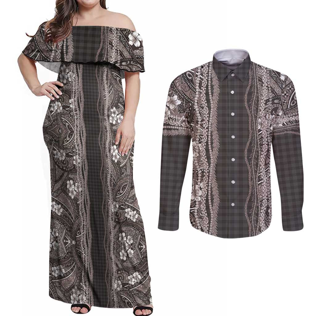 Hawaiian Art Flower Tribal with Lei Couples Matching Off Shoulder Maxi Dress and Long Sleeve Button Shirt Palaka Pattern Grayscale - Polynesian Pride