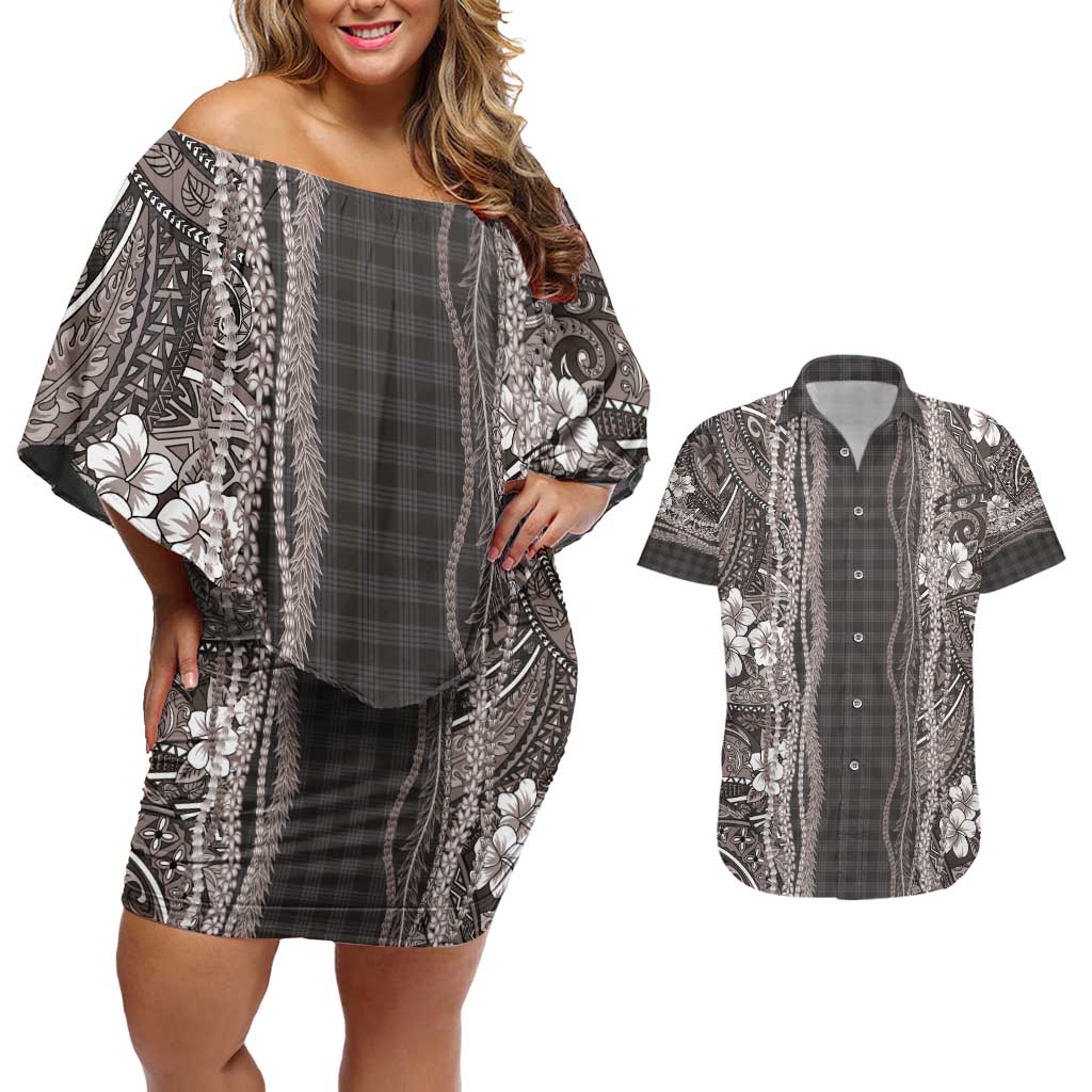 Hawaiian Art Flower Tribal with Lei Couples Matching Off Shoulder Short Dress and Hawaiian Shirt Palaka Pattern Grayscale - Polynesian Pride