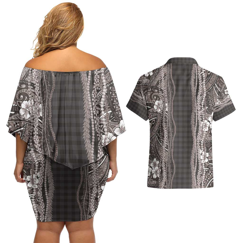 Hawaiian Art Flower Tribal with Lei Couples Matching Off Shoulder Short Dress and Hawaiian Shirt Palaka Pattern Grayscale - Polynesian Pride
