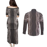 Hawaiian Art Flower Tribal with Lei Couples Matching Puletasi and Long Sleeve Button Shirt Palaka Pattern Grayscale - Polynesian Pride