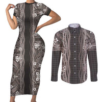 Hawaiian Art Flower Tribal with Lei Couples Matching Short Sleeve Bodycon Dress and Long Sleeve Button Shirt Palaka Pattern Grayscale - Polynesian Pride