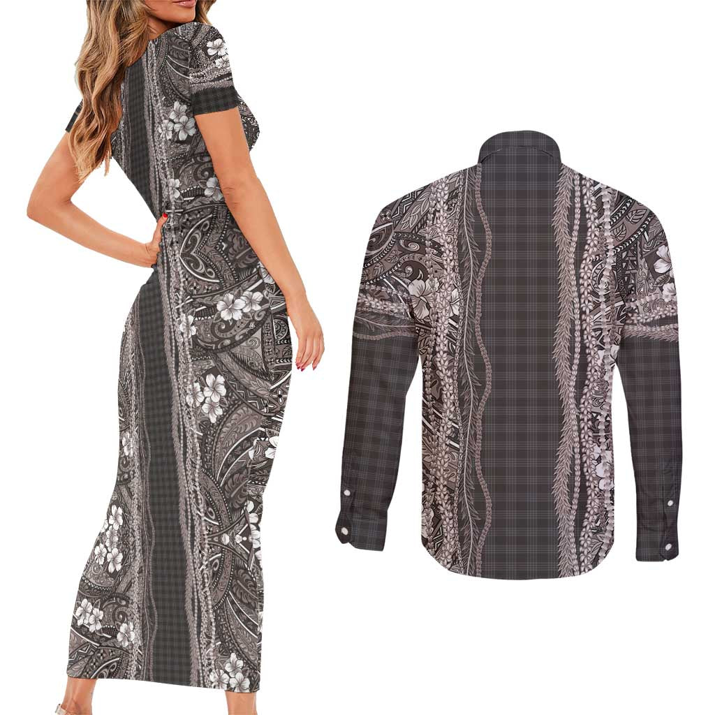 Hawaiian Art Flower Tribal with Lei Couples Matching Short Sleeve Bodycon Dress and Long Sleeve Button Shirt Palaka Pattern Grayscale - Polynesian Pride