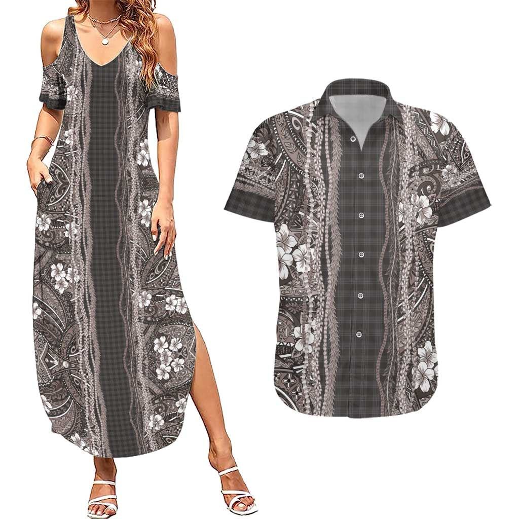 Hawaiian Art Flower Tribal with Lei Couples Matching Summer Maxi Dress and Hawaiian Shirt Palaka Pattern Grayscale - Polynesian Pride