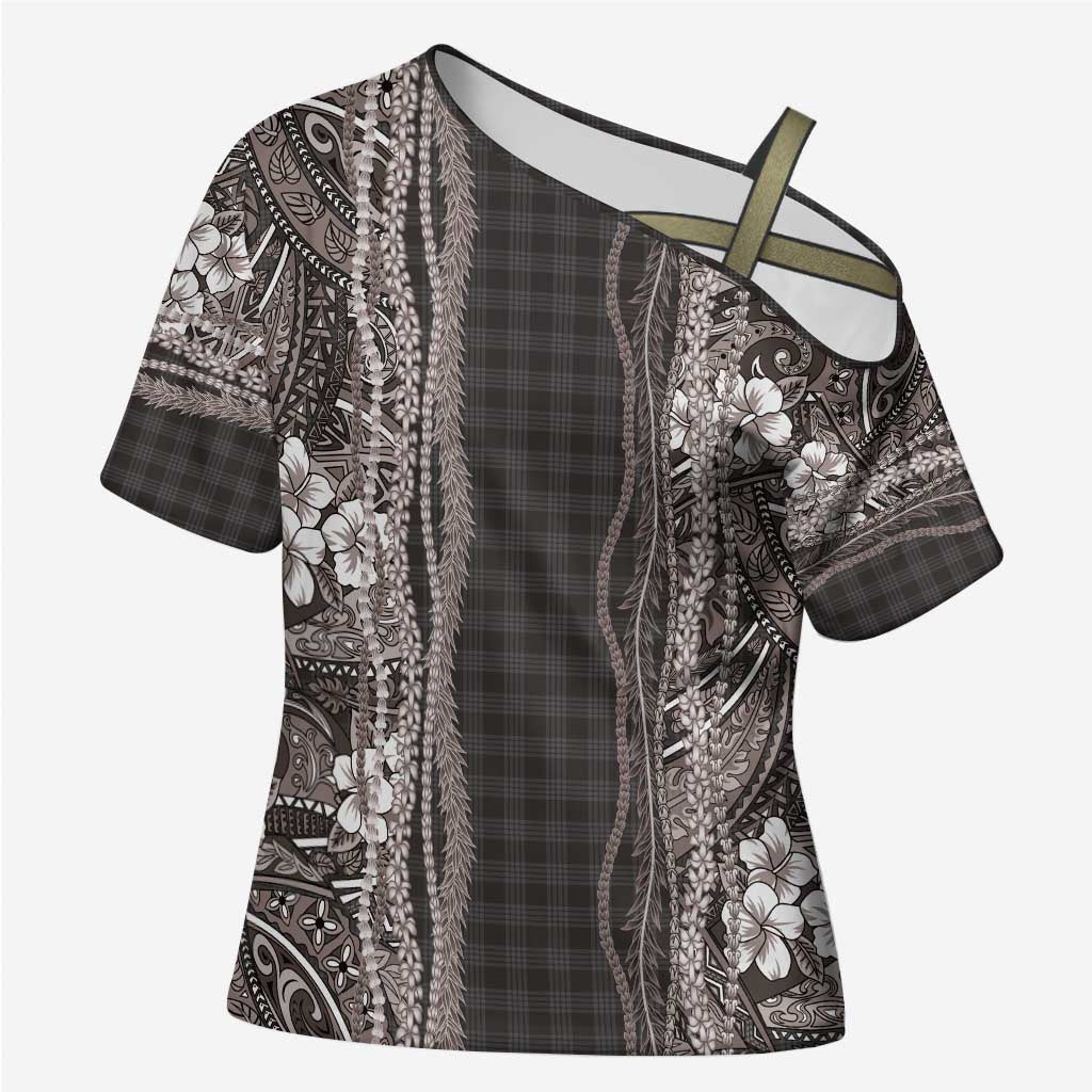 Hawaiian Art Flower Tribal with Lei Cross Shoulder Shirt Palaka Pattern Grayscale - Polynesian Pride