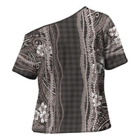 Hawaiian Art Flower Tribal with Lei Cross Shoulder Shirt Palaka Pattern Grayscale - Polynesian Pride
