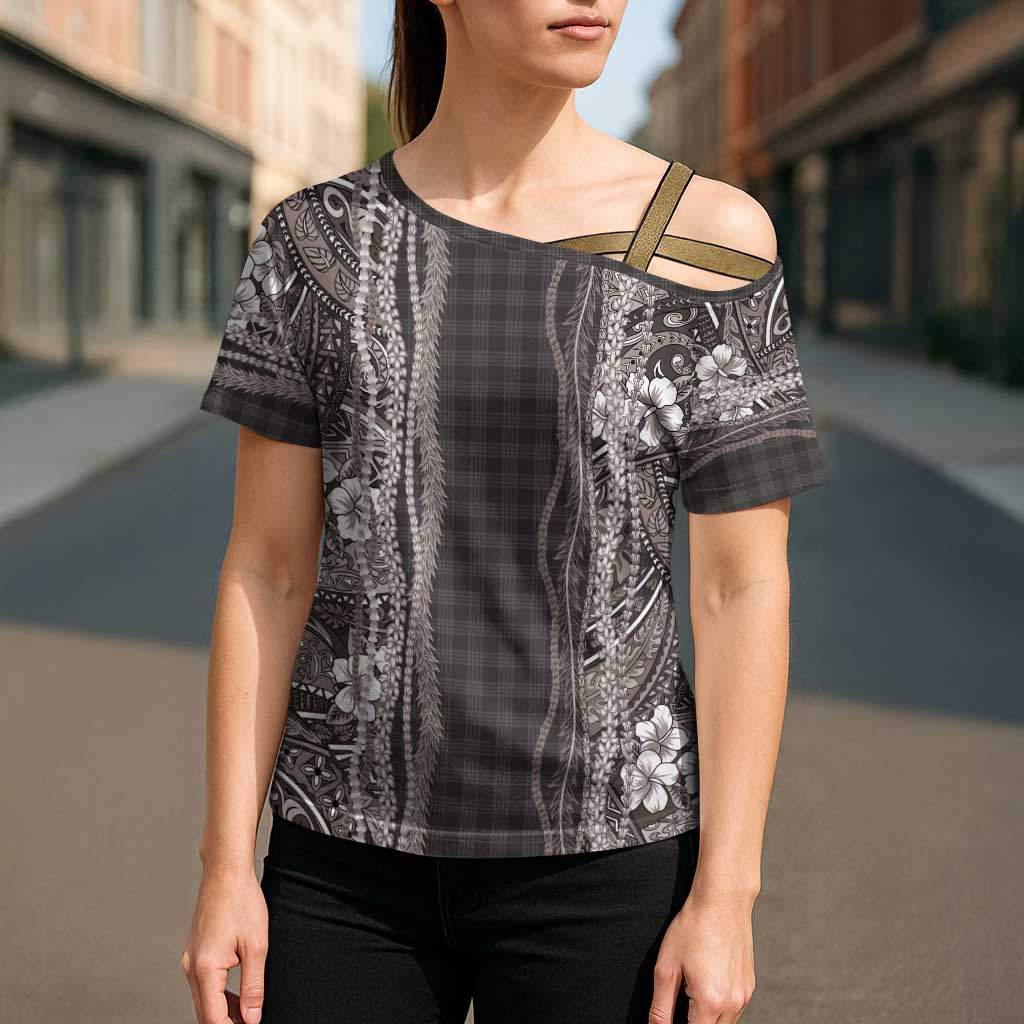 Hawaiian Art Flower Tribal with Lei Cross Shoulder Shirt Palaka Pattern Grayscale - Polynesian Pride