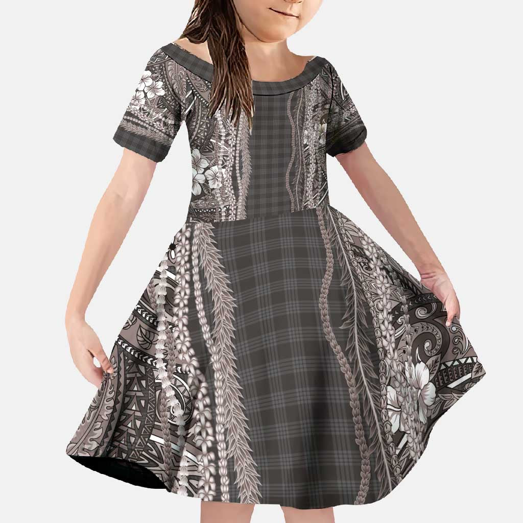 Hawaiian Art Flower Tribal with Lei Family Matching Long Sleeve Bodycon Dress and Hawaiian Shirt Palaka Pattern Grayscale - Polynesian Pride