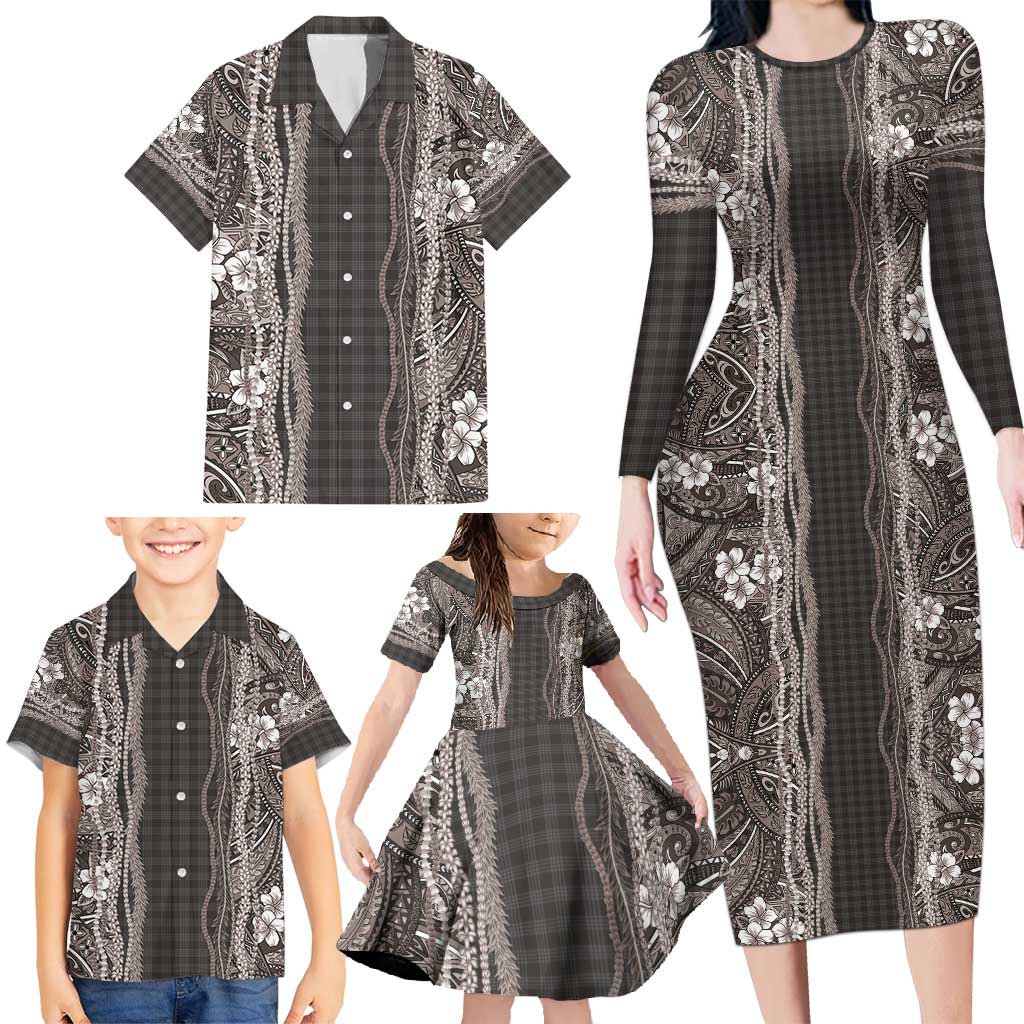 Hawaiian Art Flower Tribal with Lei Family Matching Long Sleeve Bodycon Dress and Hawaiian Shirt Palaka Pattern Grayscale - Polynesian Pride