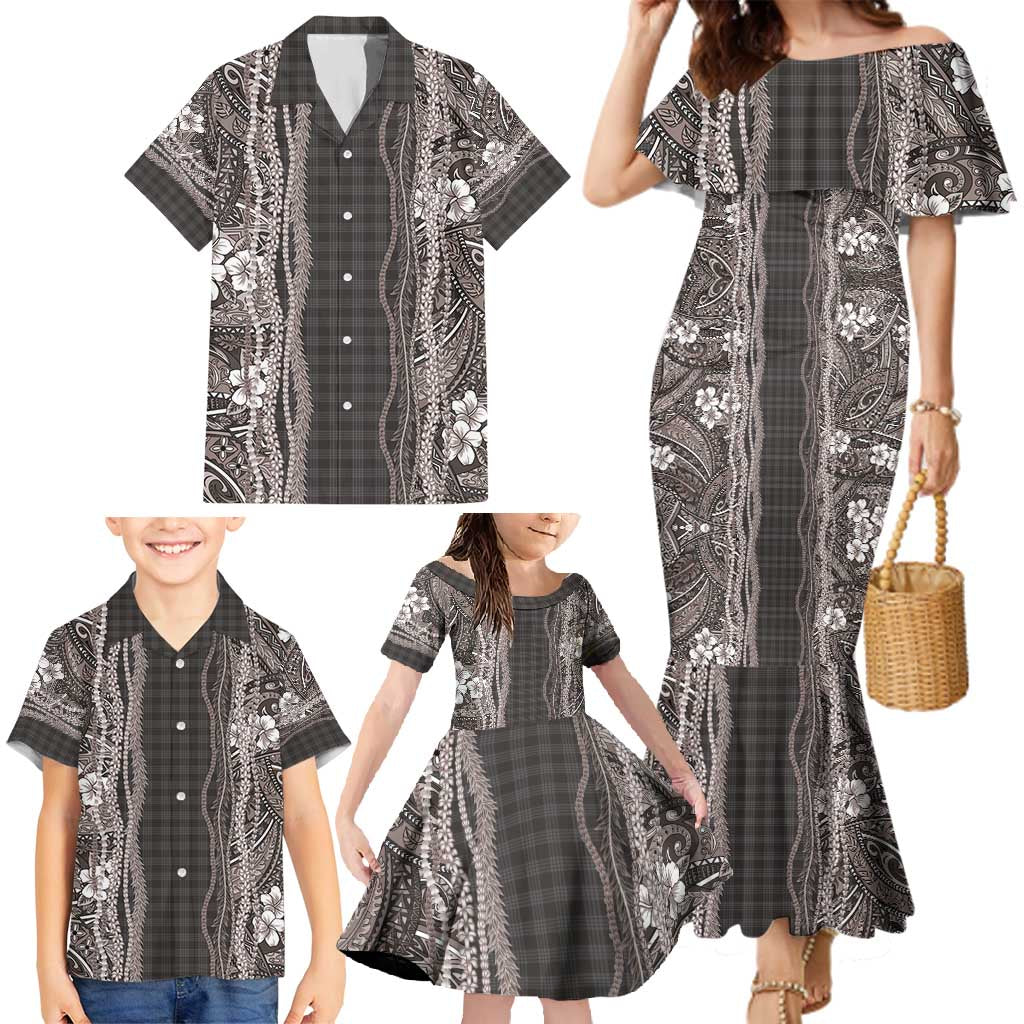 Hawaiian Art Flower Tribal with Lei Family Matching Mermaid Dress and Hawaiian Shirt Palaka Pattern Grayscale - Polynesian Pride