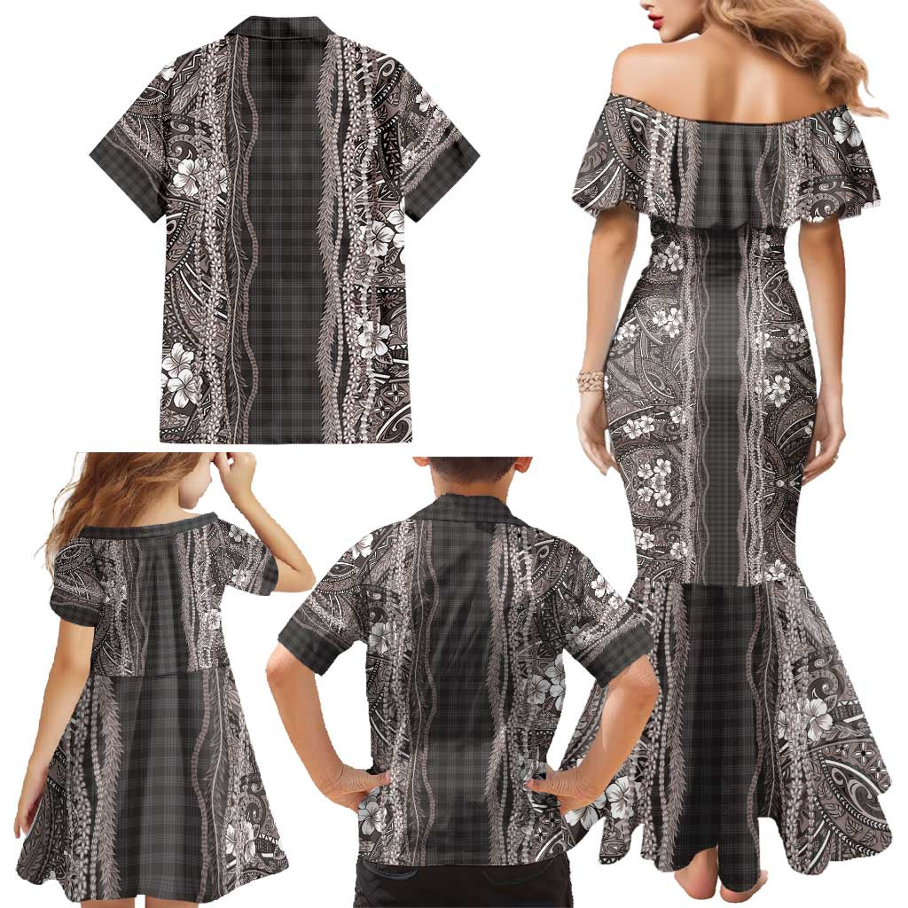 Hawaiian Art Flower Tribal with Lei Family Matching Mermaid Dress and Hawaiian Shirt Palaka Pattern Grayscale - Polynesian Pride