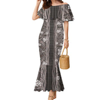 Hawaiian Art Flower Tribal with Lei Family Matching Mermaid Dress and Hawaiian Shirt Palaka Pattern Grayscale - Polynesian Pride