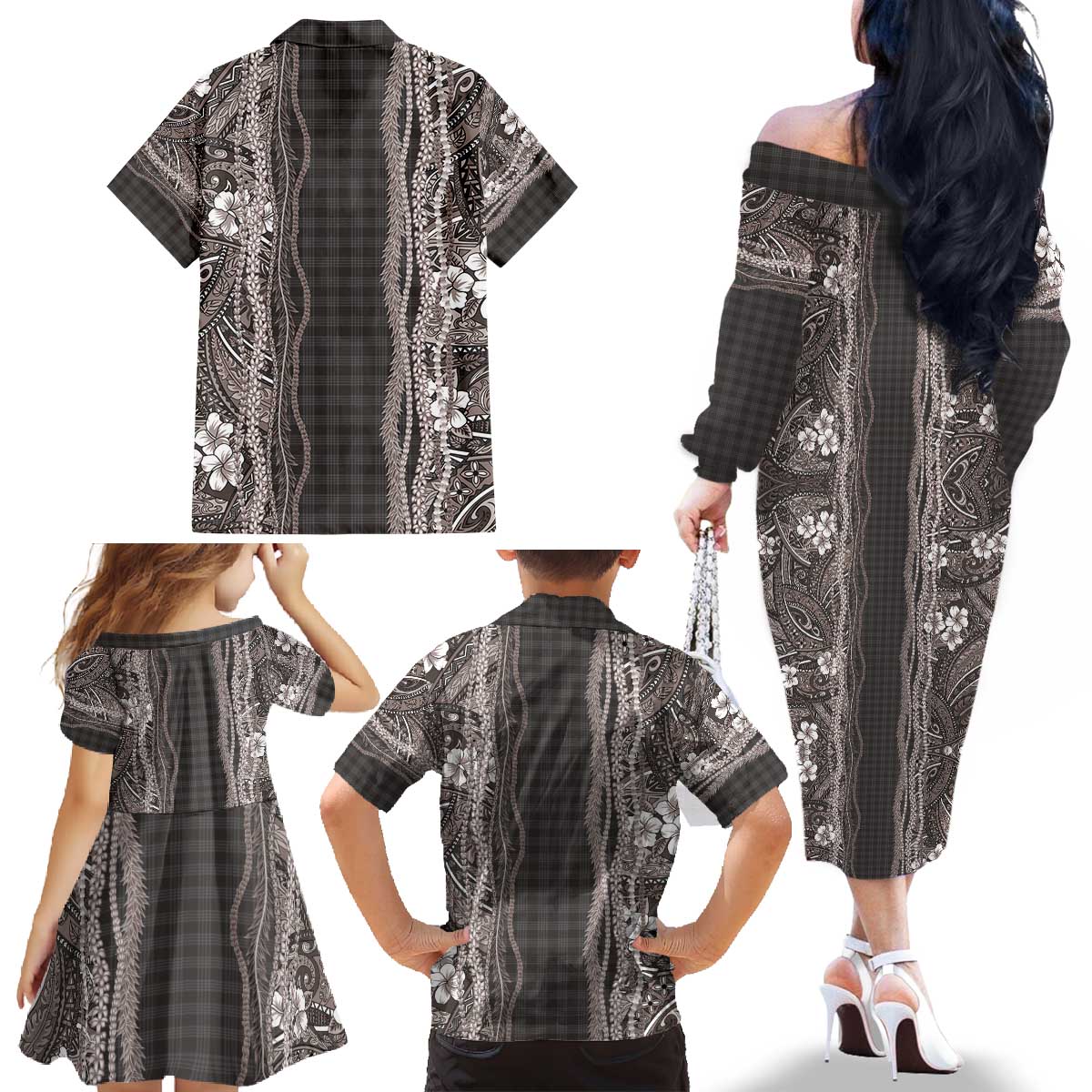 Hawaiian Art Flower Tribal with Lei Family Matching Off The Shoulder Long Sleeve Dress and Hawaiian Shirt Palaka Pattern Grayscale - Polynesian Pride