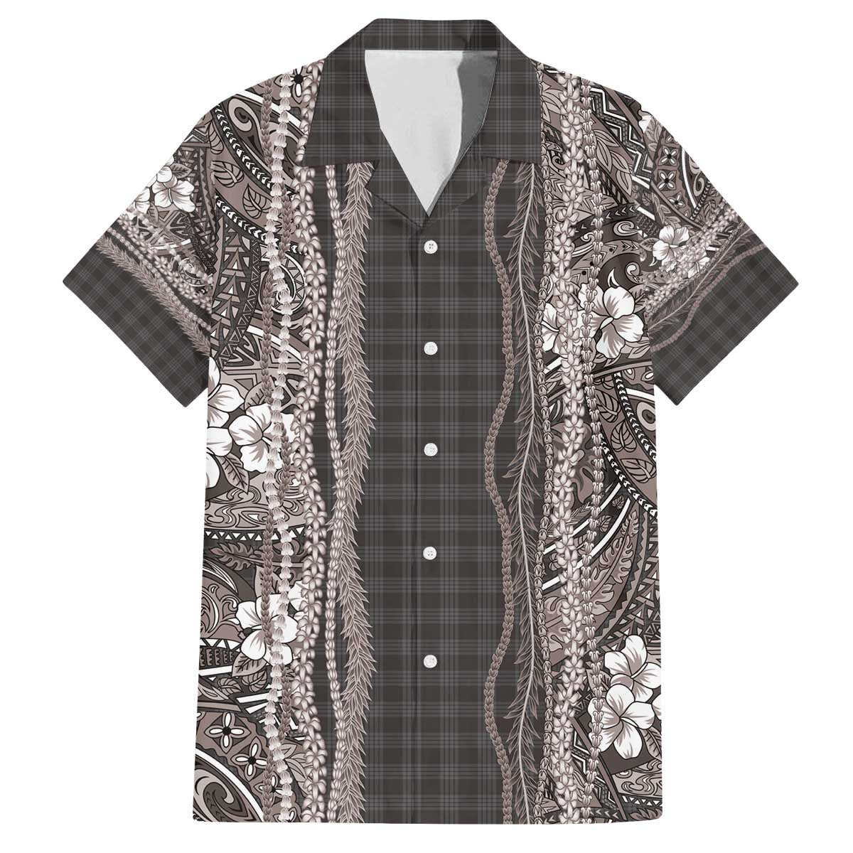 Hawaiian Art Flower Tribal with Lei Family Matching Off The Shoulder Long Sleeve Dress and Hawaiian Shirt Palaka Pattern Grayscale - Polynesian Pride
