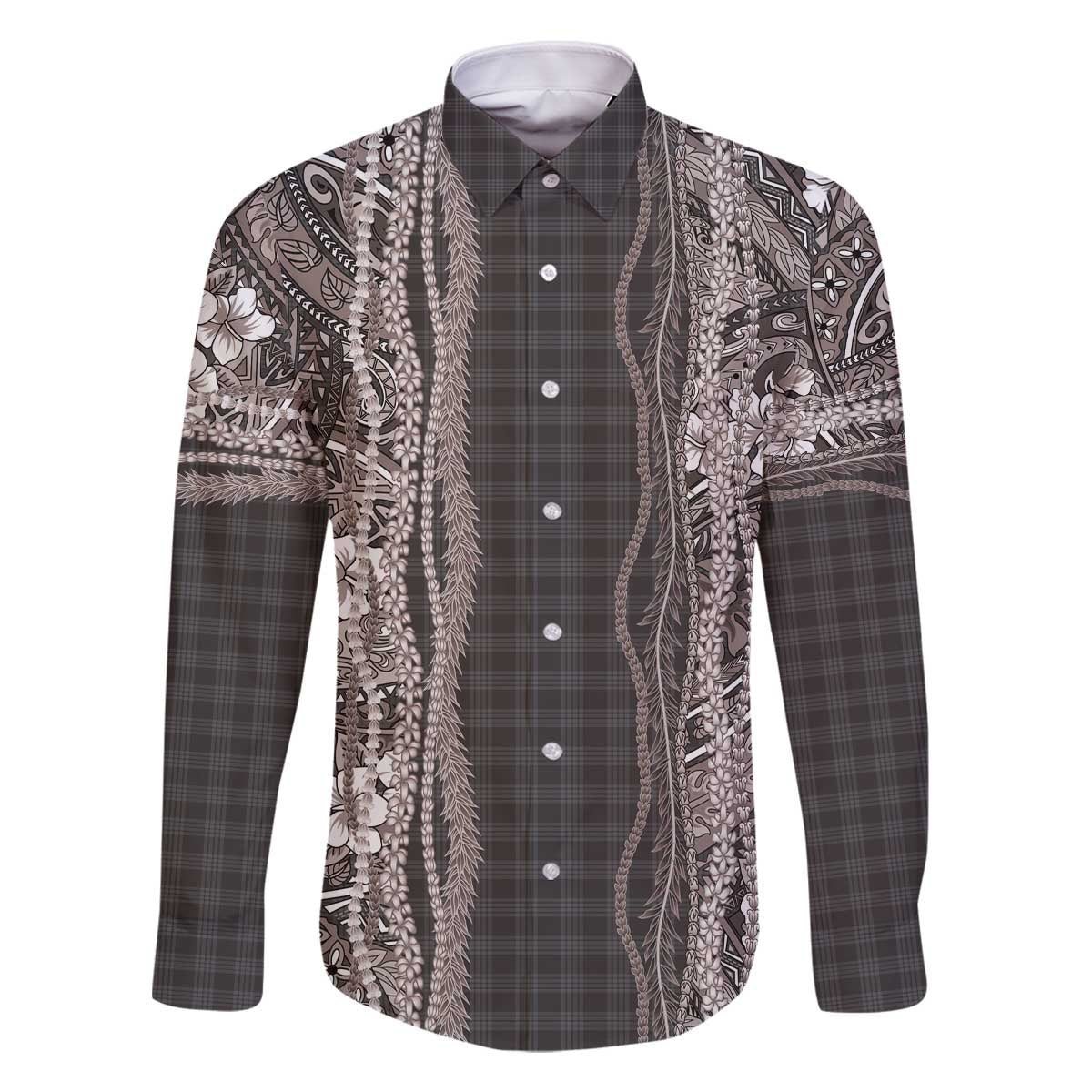 Hawaiian Art Flower Tribal with Lei Family Matching Off The Shoulder Long Sleeve Dress and Hawaiian Shirt Palaka Pattern Grayscale - Polynesian Pride