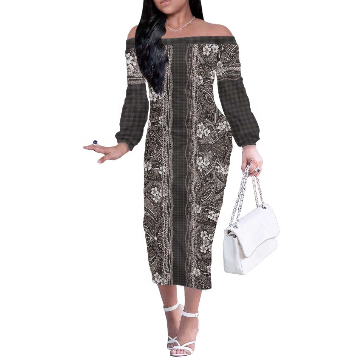 Hawaiian Art Flower Tribal with Lei Family Matching Off The Shoulder Long Sleeve Dress and Hawaiian Shirt Palaka Pattern Grayscale - Polynesian Pride