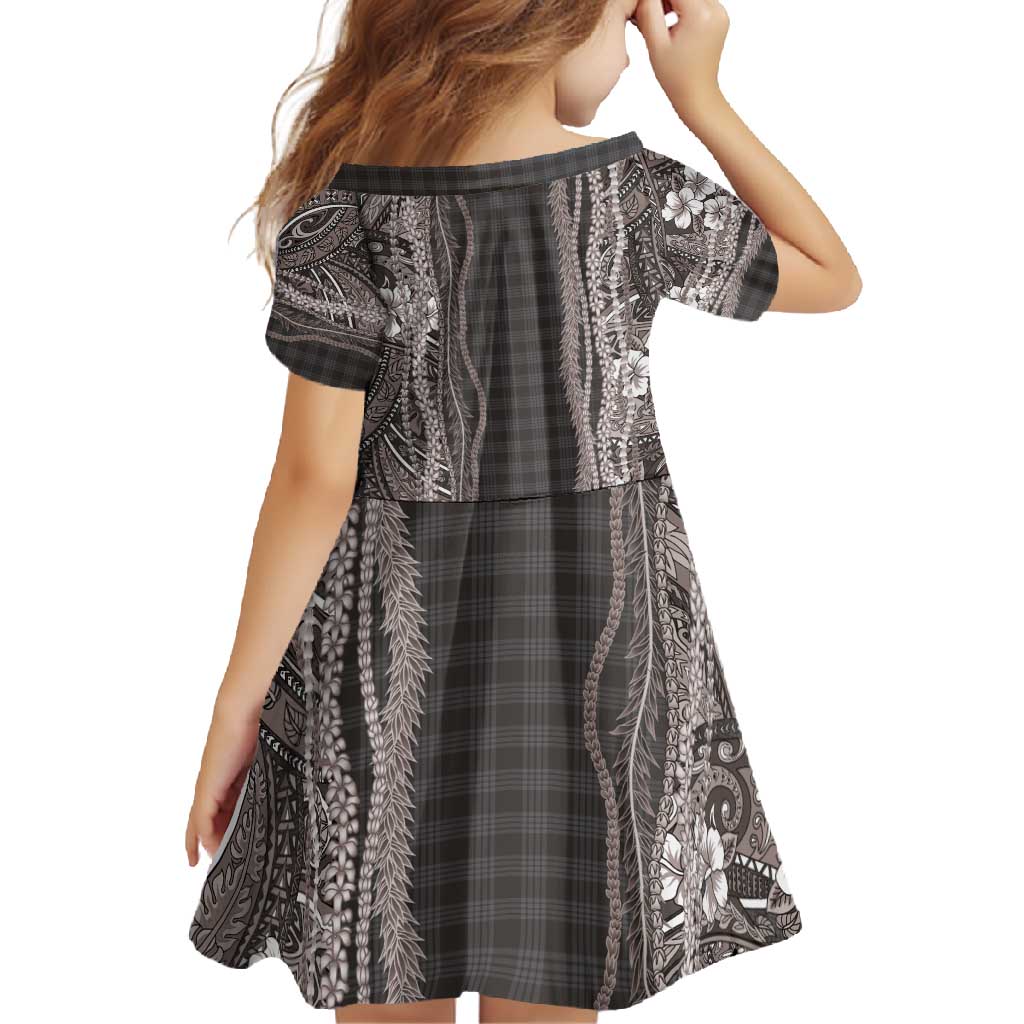 Hawaiian Art Flower Tribal with Lei Family Matching Off Shoulder Maxi Dress and Hawaiian Shirt Palaka Pattern Grayscale - Polynesian Pride