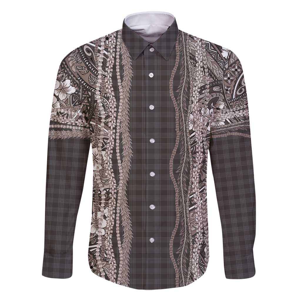 Hawaiian Art Flower Tribal with Lei Family Matching Off Shoulder Maxi Dress and Hawaiian Shirt Palaka Pattern Grayscale - Polynesian Pride