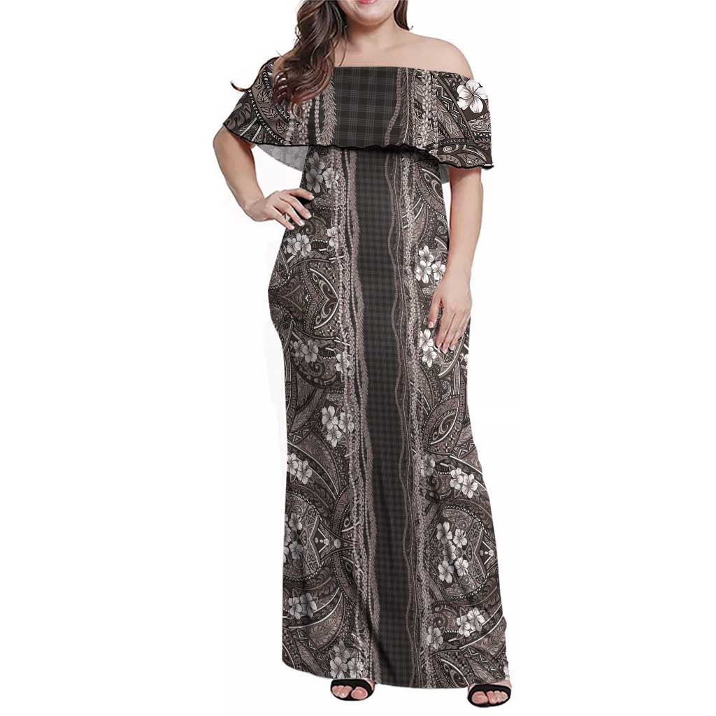 Hawaiian Art Flower Tribal with Lei Family Matching Off Shoulder Maxi Dress and Hawaiian Shirt Palaka Pattern Grayscale - Polynesian Pride