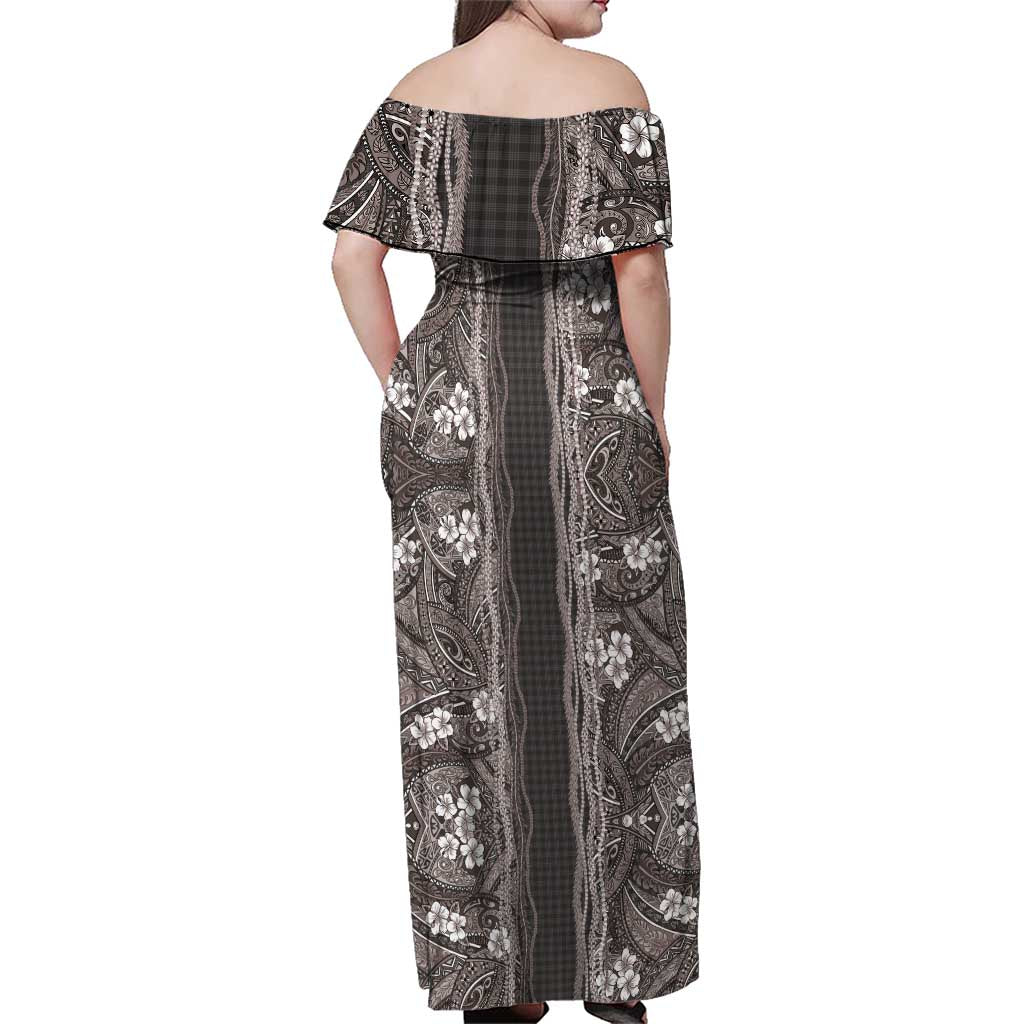 Hawaiian Art Flower Tribal with Lei Family Matching Off Shoulder Maxi Dress and Hawaiian Shirt Palaka Pattern Grayscale - Polynesian Pride
