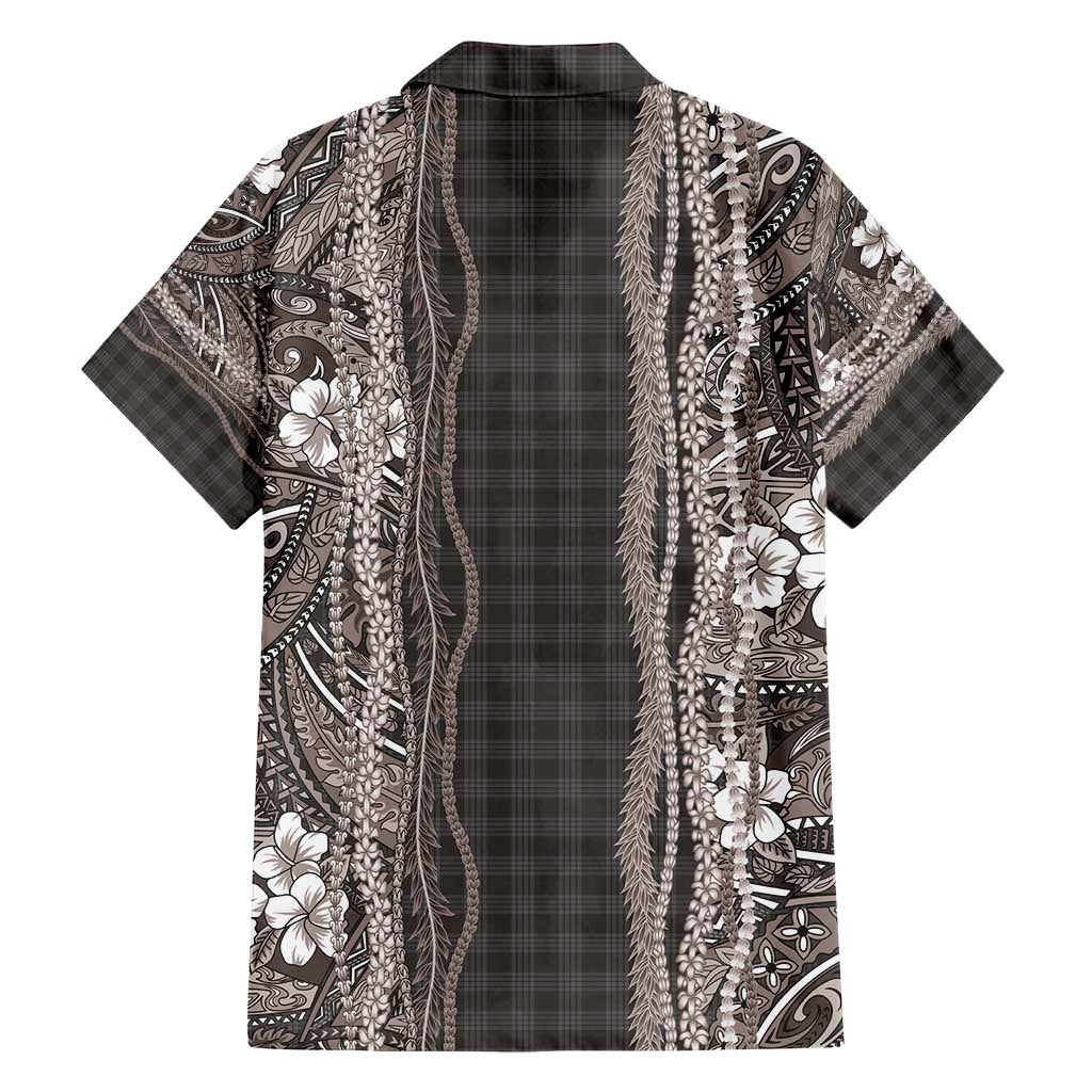 Hawaiian Art Flower Tribal with Lei Family Matching Off Shoulder Short Dress and Hawaiian Shirt Palaka Pattern Grayscale - Polynesian Pride