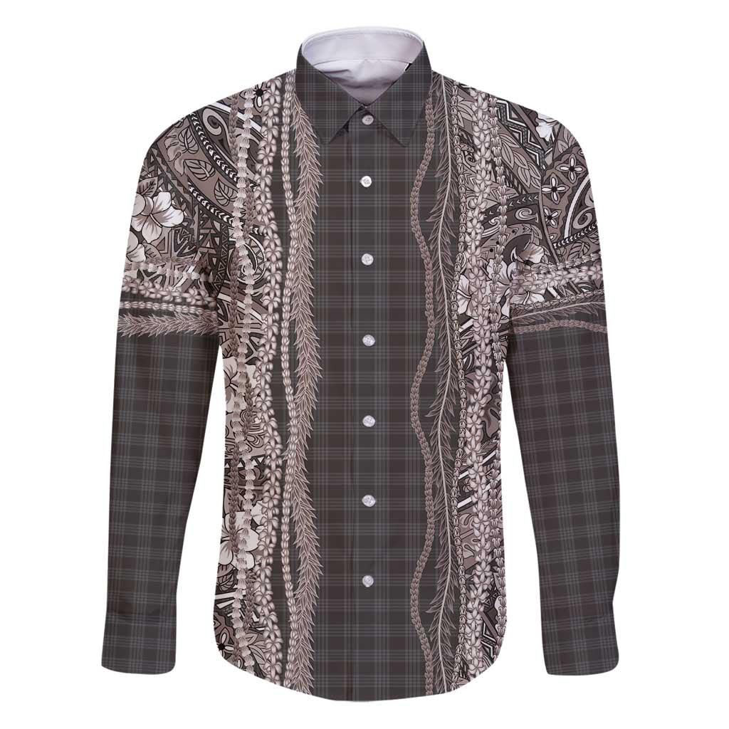 Hawaiian Art Flower Tribal with Lei Family Matching Puletasi and Hawaiian Shirt Palaka Pattern Grayscale - Polynesian Pride