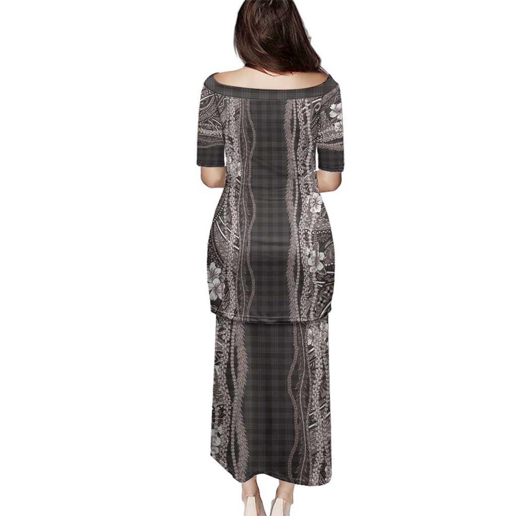 Hawaiian Art Flower Tribal with Lei Family Matching Puletasi and Hawaiian Shirt Palaka Pattern Grayscale - Polynesian Pride