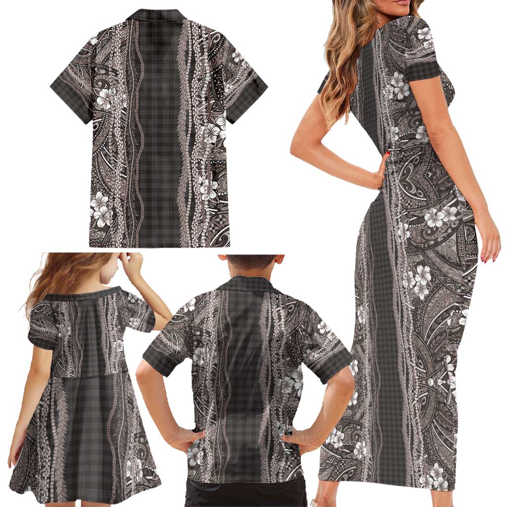 Hawaiian Art Flower Tribal with Lei Family Matching Short Sleeve Bodycon Dress and Hawaiian Shirt Palaka Pattern Grayscale - Polynesian Pride