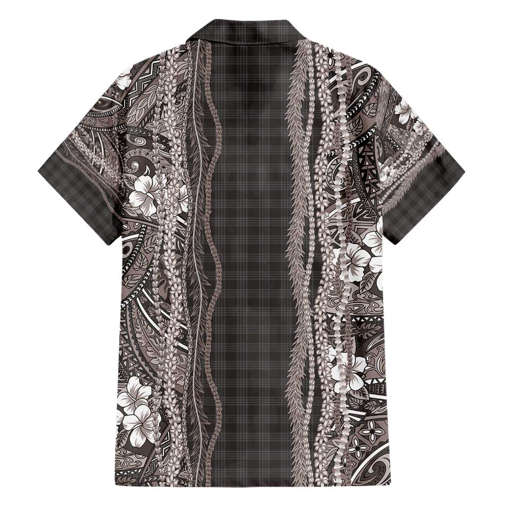 Hawaiian Art Flower Tribal with Lei Family Matching Short Sleeve Bodycon Dress and Hawaiian Shirt Palaka Pattern Grayscale - Polynesian Pride