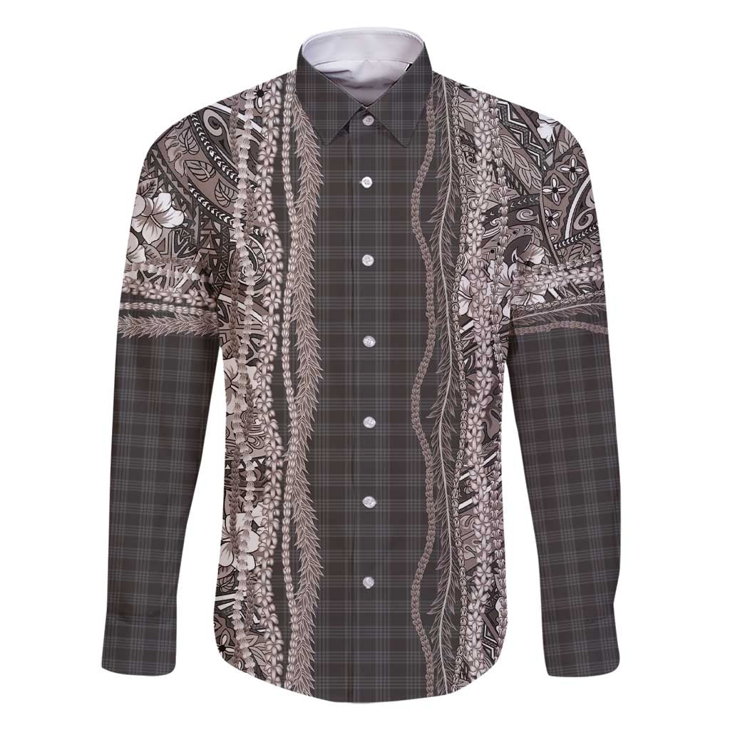 Hawaiian Art Flower Tribal with Lei Family Matching Short Sleeve Bodycon Dress and Hawaiian Shirt Palaka Pattern Grayscale - Polynesian Pride