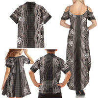 Hawaiian Art Flower Tribal with Lei Family Matching Summer Maxi Dress and Hawaiian Shirt Palaka Pattern Grayscale - Polynesian Pride