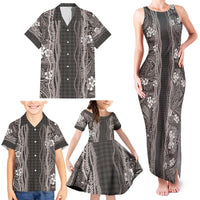 Hawaiian Art Flower Tribal with Lei Family Matching Tank Maxi Dress and Hawaiian Shirt Palaka Pattern Grayscale - Polynesian Pride