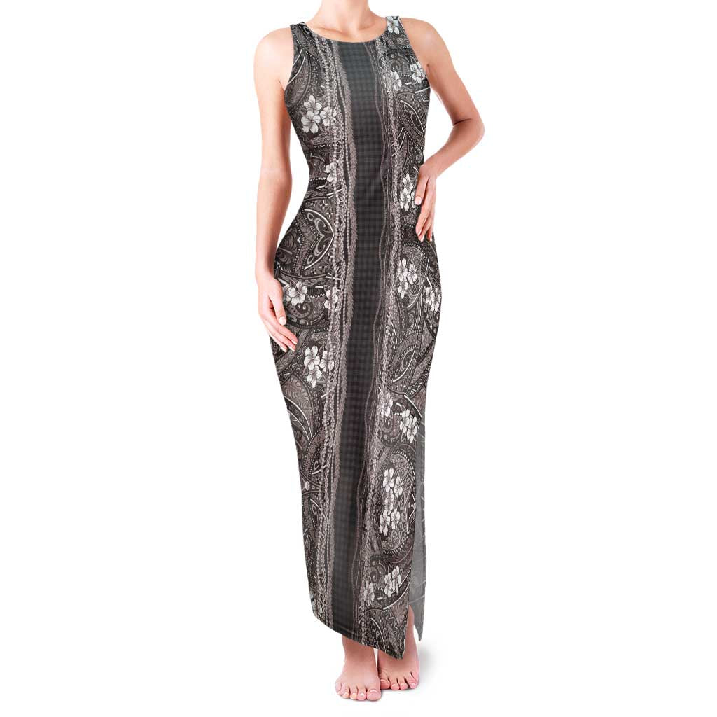 Hawaiian Art Flower Tribal with Lei Family Matching Tank Maxi Dress and Hawaiian Shirt Palaka Pattern Grayscale - Polynesian Pride