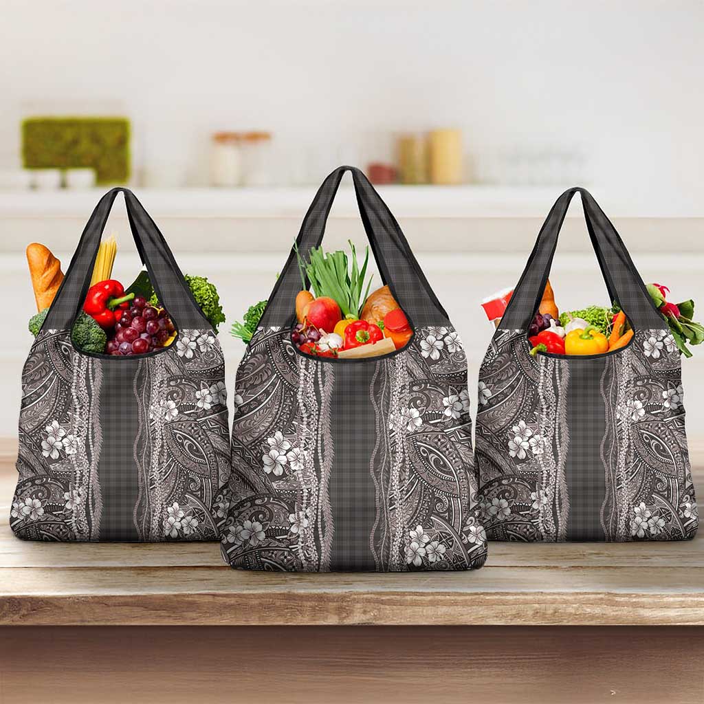 Hawaiian Art Flower Tribal with Lei Grocery Bag Palaka Pattern Grayscale - Polynesian Pride