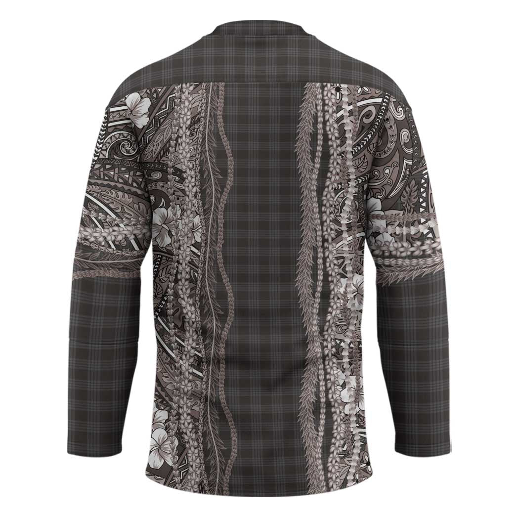 Hawaiian Art Flower Tribal with Lei Hockey Jersey Palaka Pattern Grayscale - Polynesian Pride