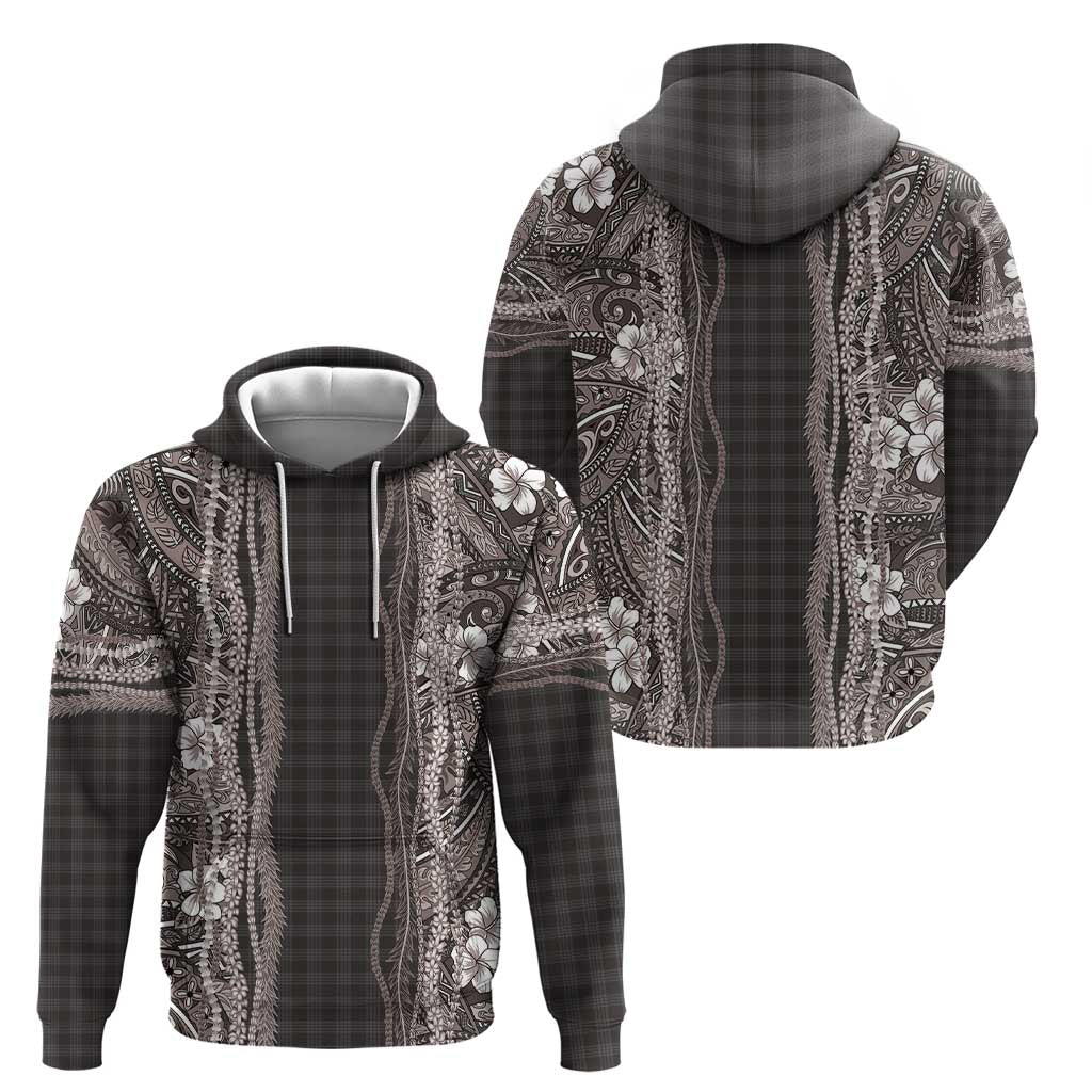 Hawaiian Art Flower Tribal with Lei Hoodie Palaka Pattern Grayscale - Polynesian Pride