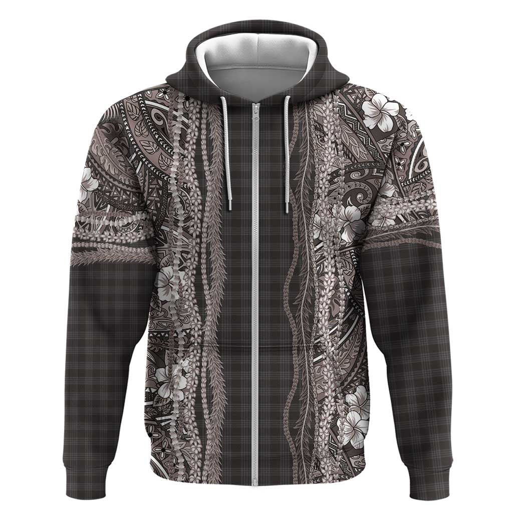 Hawaiian Art Flower Tribal with Lei Hoodie Palaka Pattern Grayscale - Polynesian Pride