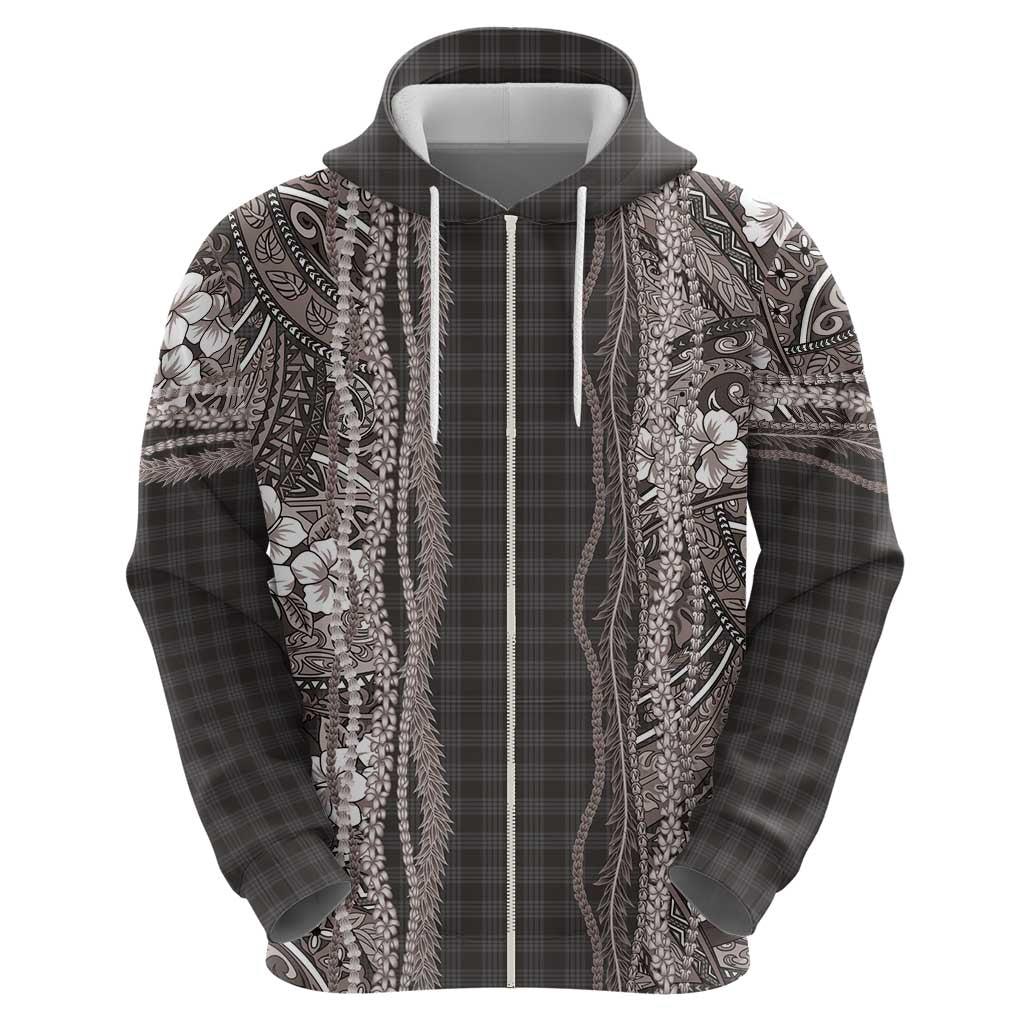 Hawaiian Art Flower Tribal with Lei Hoodie Palaka Pattern Grayscale - Polynesian Pride