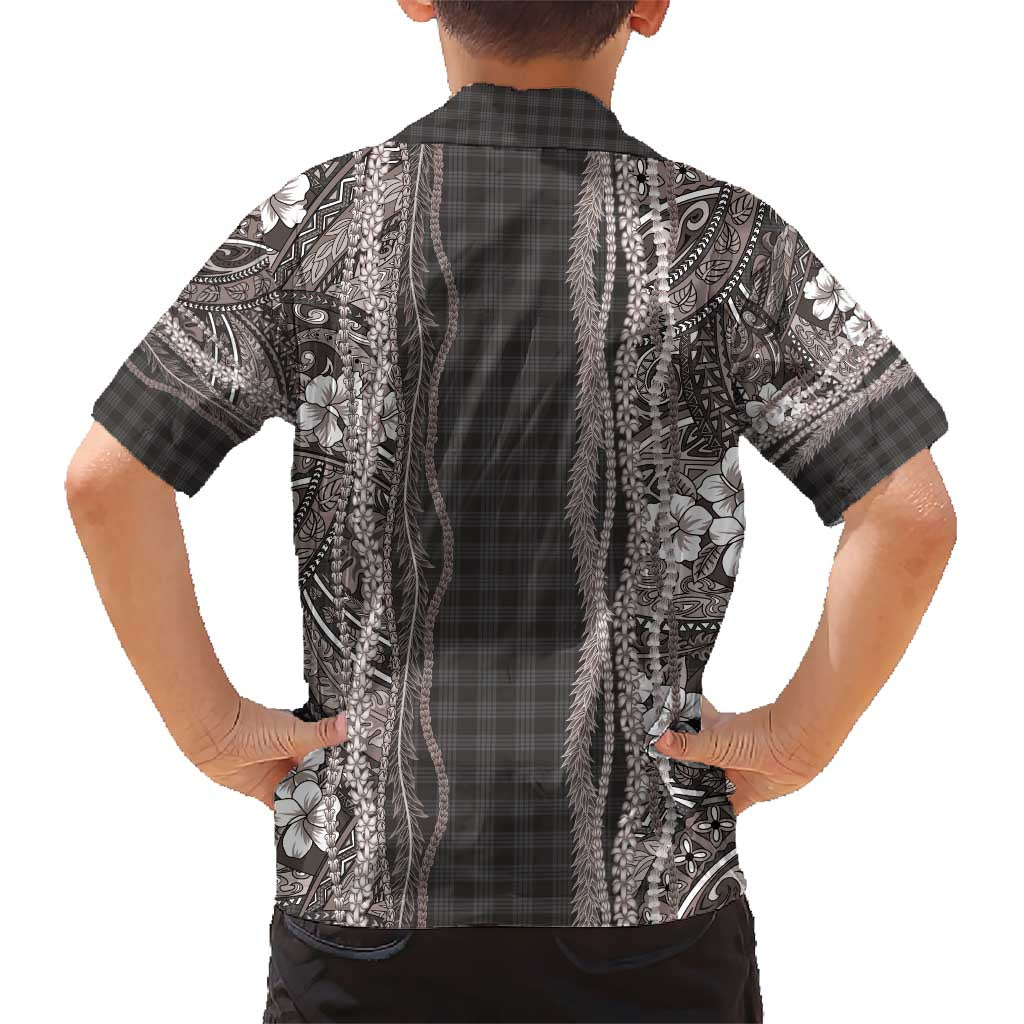 Hawaiian Art Flower Tribal with Lei Kid Hawaiian Shirt Palaka Pattern Grayscale - Polynesian Pride