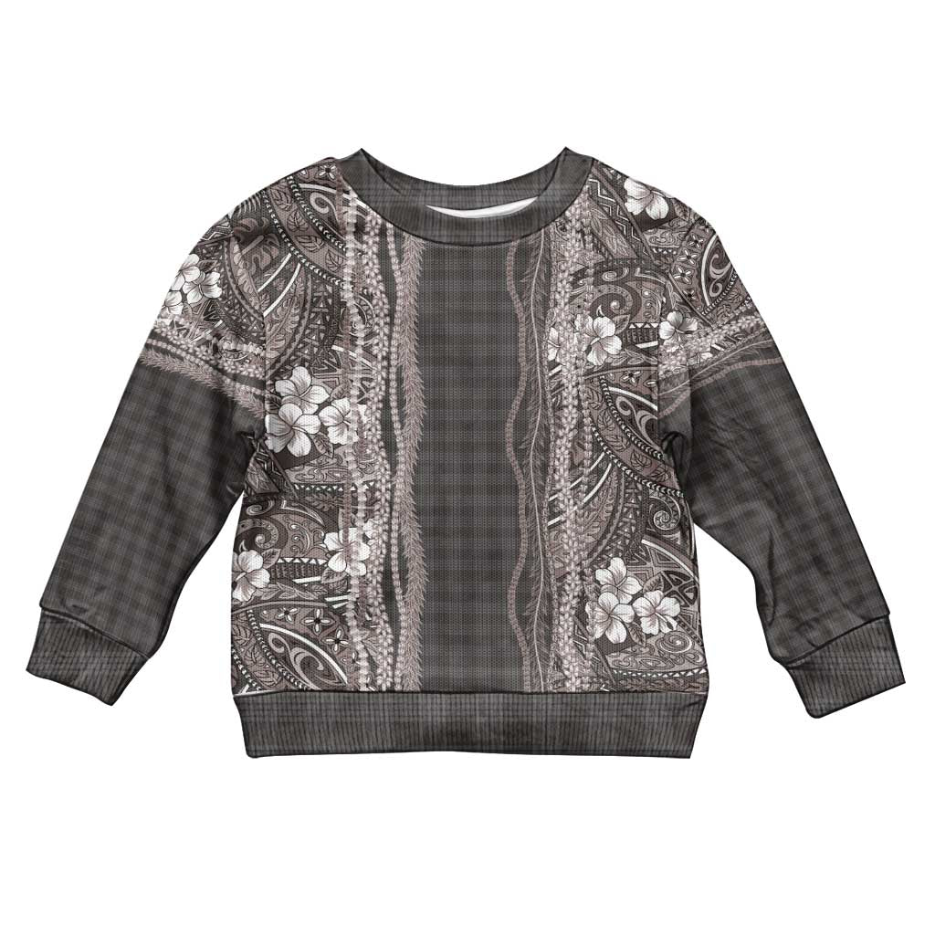Hawaiian Art Flower Tribal with Lei Kid Ugly Christmas Sweater Palaka Pattern Grayscale - Polynesian Pride