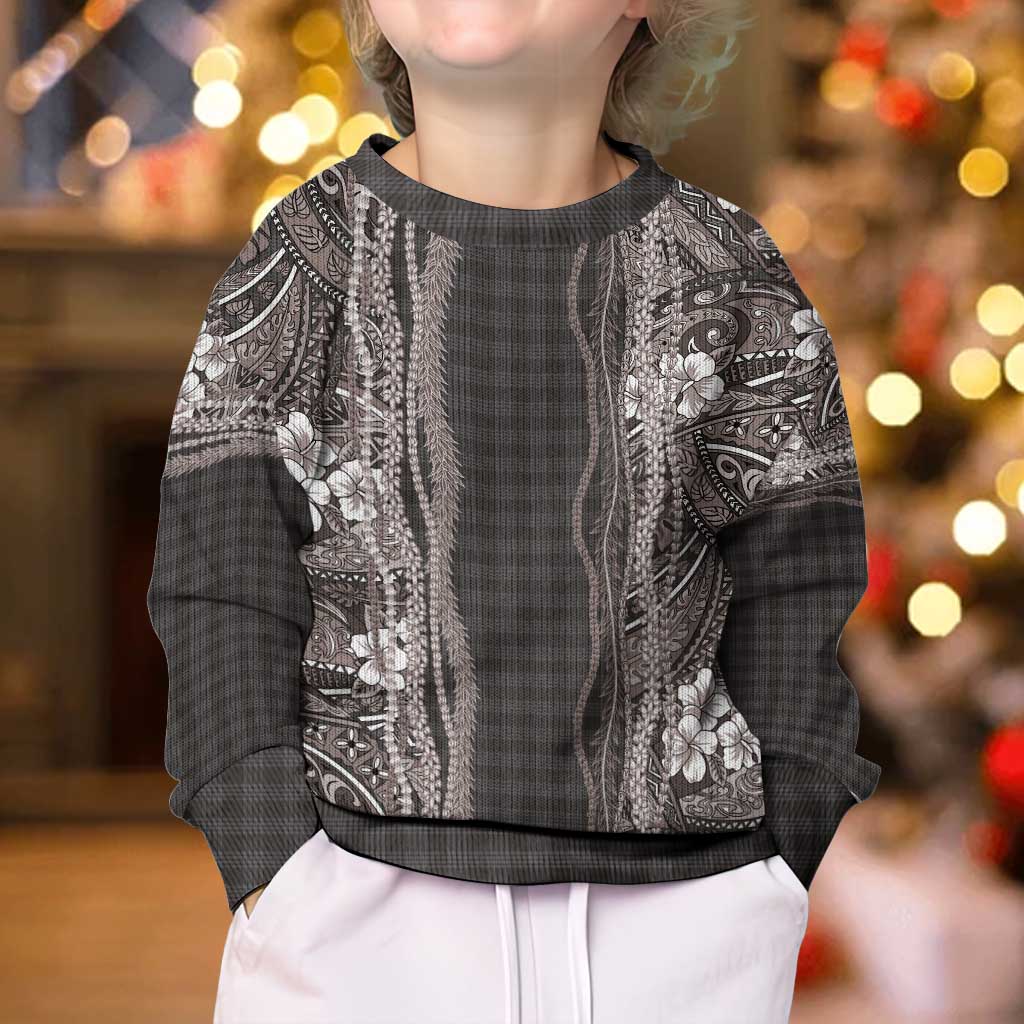 Hawaiian Art Flower Tribal with Lei Kid Ugly Christmas Sweater Palaka Pattern Grayscale - Polynesian Pride