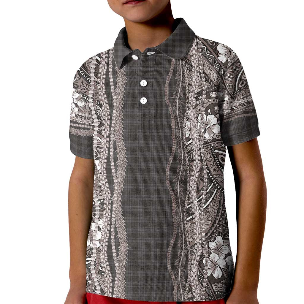 Hawaiian Art Flower Tribal with Lei Kid Polo Shirt Palaka Pattern Grayscale - Polynesian Pride