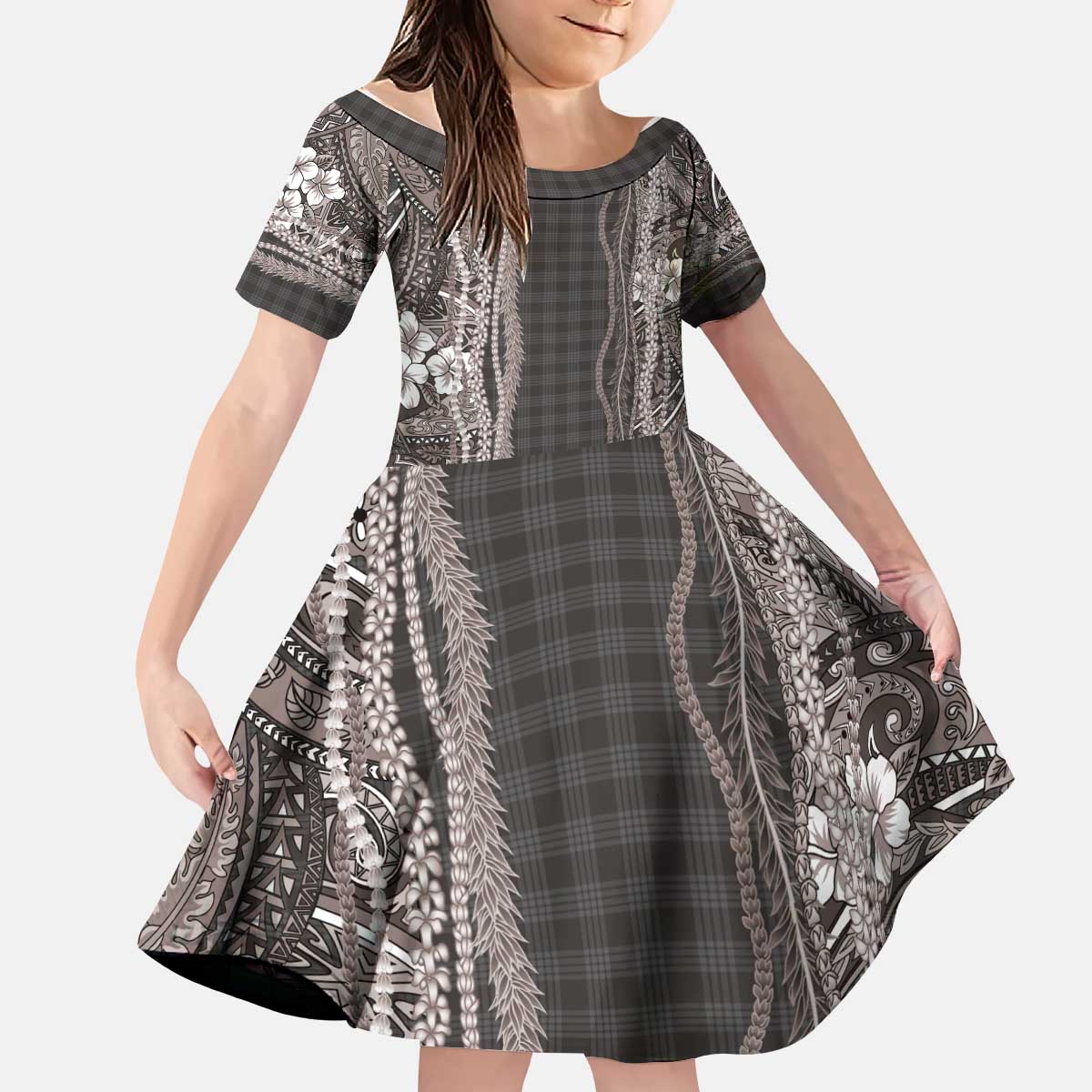 Hawaiian Art Flower Tribal with Lei Kid Short Sleeve Dress Palaka Pattern Grayscale - Polynesian Pride